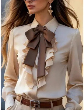 Camisa de mujer de manga larga con lazo de volantes elegante, diseño de botones delanteros, adecuada para ir a la oficina y uso casual Blusa elegante - Shein - FashionsVida