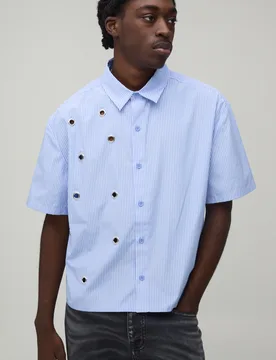 Mens Oversized Boxy Eyelet Detail Short Sleeve Stripe Shirt - Blue - Size 3xl - boohooMAN - FashionsVida