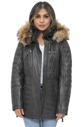 Women's Quilted Leather Parka Jacket-Curitiba in Brown Size: 24 - Brown - Size: 24