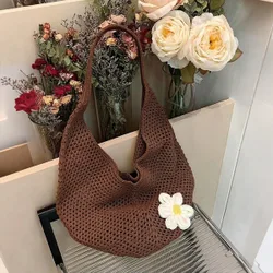 Bolso de playa de gran capacidad estilo bohemio tejido hueco, estilo holgado, bolso de compras casual para mujer con diseño floral de ganchillo