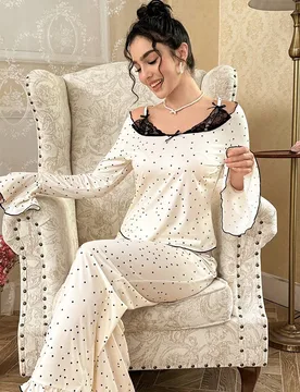 Conjunto de pijama con contraste de encaje, estampado de lunares y lazo, manga acampanada, top de manga larga y pantalones, primavera y otoño, tempor - Shein - FashionsVida