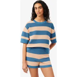 Camiseta de mujer de punto de malla con rayas en azul de manga corta