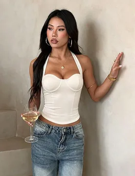 Top sin mangas de mujer con cuello halter y lazo en la espalda, color albaricoque, casual para verano, playa, vacaciones, salidas y cumpleaños M - Shein - FashionsVida