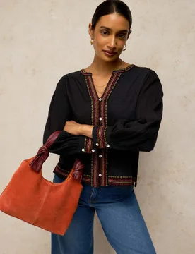 Embroidered Notch Neck Cotton Top Black Mix female - White stuff - FashionsVida