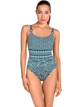 Bañador de mujer con anilla logo dorada en tirantes, espalda escotada y estampado geométrico - Dolores Cortés - FashionsVida