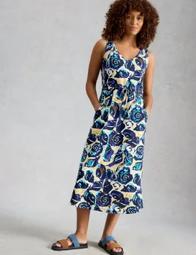 Pure Cotton Jersey Printed Midi Waisted Dress Navy Mix female - White stuff - FashionsVida