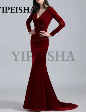 Customized Simple Burgundy Mermaid Evening Dresses V-Neck Long Sleeve Sweep Train Velour Prom Party Gown Robes De Soirée Vestido - Aliexpress - FashionsVida