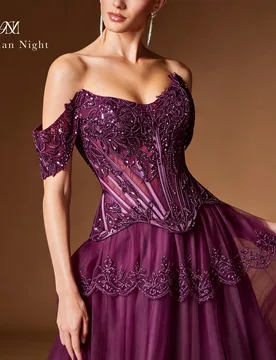 Purple card-sleeved halter-neck sleeveless A-line floor-length formal evening dress with embroidered fishbone waistband - Aliexpress - FashionsVida