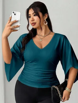 Camiseta de cuello en V de talla grande con diseño de cintura ceñida, estilo francés casual 4XL - Shein - FashionsVida
