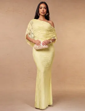 Vestido largo para mujer de verano en verde menta y verde claro, con hombro asimétrico, escote drapeado, encaje y transparencia, sexy y elegante, atu - Shein - FashionsVida