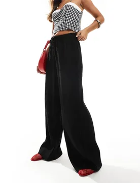 Womens Textured Wide Leg Tie Waist Trousers In Black - Size Eu 34 (Womens) - Vila - FashionsVida