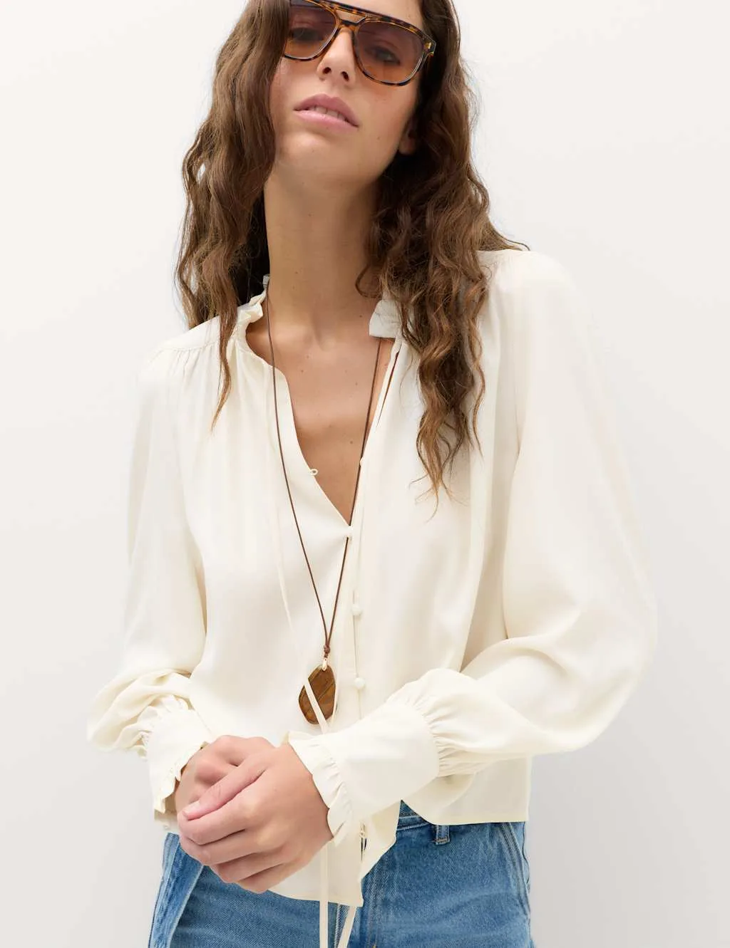 Tie Neck Blouson Sleeve Blouse Ivory female - M&S - FashionsVida