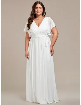 Vestido formal de mujer talla grande ajustado de unicolor con escote en V fruncido y mangas con volantes, vestido de dama de honor blanco elegante, ve - Shein - FashionsVida