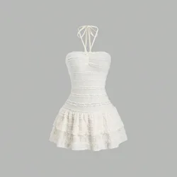 Vestido de verano de mujer con cuello halter de unicolor, textura y volantes en el bajo M