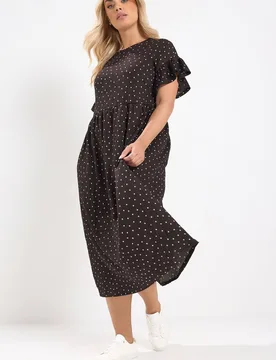 Women's Polka Dot Midi Dress in Chocolate Size: 14 - Chocolate - Size: 14 - Yours - FashionsVida