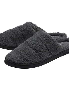 Mens Teddy Fleece Mule Slippers Charcoal Open Back Uk 7-13 - Grey - Dunlop - FashionsVida