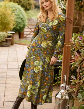 Women's Vintage Florals Long Sleeve Jersey Maxi Dress in Green Size: 8 - Green - Size: 8 - Joe browns - FashionsVida