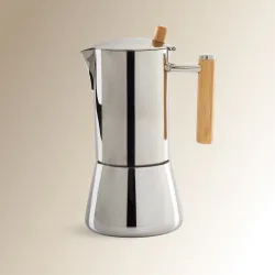 Cafetera de inoxidable con bambú