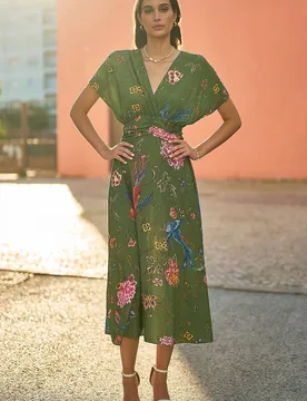 Women's Green Bird & Floral Print Ruched Waist Kimono Midi Dress Size: 18 - Green - Size: 18 - Yumi - FashionsVida