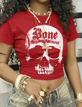 Camiseta corta de cuello redondo roja y blanca para mujer, Halloween, fiesta de club nocturno, verano, country, techno L - Shein - FashionsVida