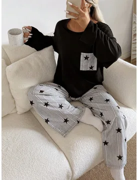 Conjunto de pijama casual y holgado de mujer con cuello redondo, estampado de rayas y estrellas XL - Shein - FashionsVida