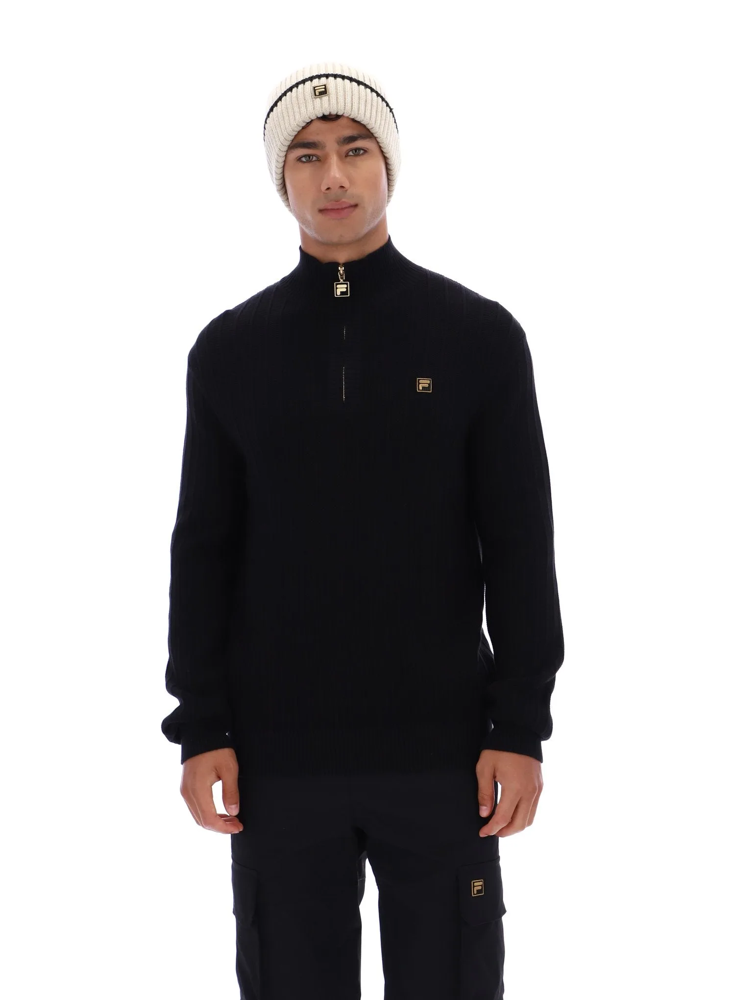 Black Stevie 1/4 Zip Funnel Neck Textured Knit - XS - FILA - FashionsVida