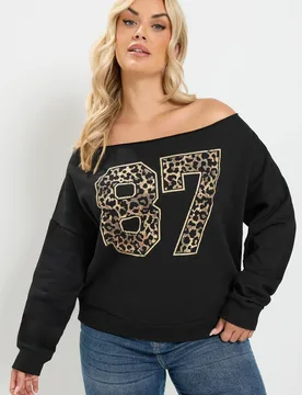 Women's Leopard Off-Shoulder Sweatshirt in Black Size: 26-28 - Black - Size: 26-28 - Yours - FashionsVida