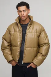 Mens Boxy Fit Curved Hem Pu Puffer Jacket - Tan - Size X-Large