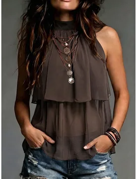 Blusa elegante francesa de gasa marrón con doble capa de volantes, sin mangas, con tira de lazo en la espalda y cuello halter, versátil para citas y - Shein - FashionsVida