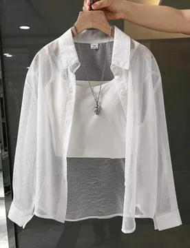 Camisa de Protección Solar Brillo Plateado Blanco Luz de Luna para Niña Preadolescente, Cárdigan de Gasa Transparente, Holgado & Ajustado, Top Vers - Shein - FashionsVida