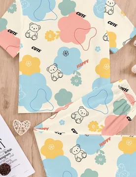 Conjunto de pijama informal para niñas preadolescentes con Top de manga corta y cuello redondo con estampado floral y de oso y pantalones, adecuado p - Shein - FashionsVida