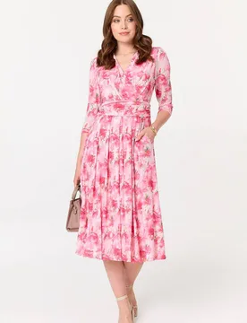 Women's Floral Pleated Shirred Wrap Midi Dress in Pink Size: 16 - Pink - Size: 16 - Izabel London - FashionsVida