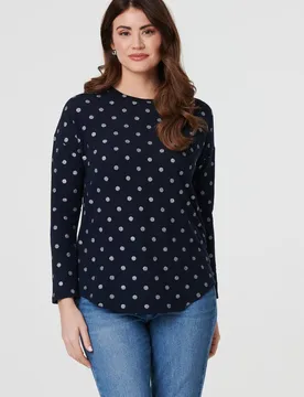 Women's Polka Dot Print Relaxed Long Sleeve Top in Dark Navy Size: 8 - Dark Navy - Size: 8 - Izabel London - FashionsVida
