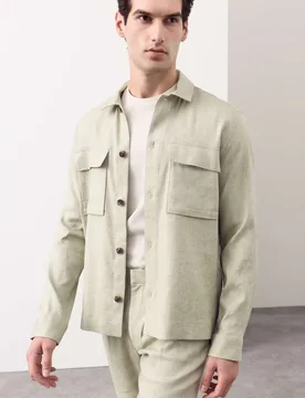 Linen Blend Twill Performance Overshirt Light Olive male - Autograph - FashionsVida