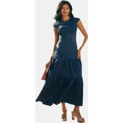 Vestido midi con cintura entallada y escote plisado
