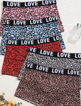 Paquete de 5 bragas para mujer con estampado de leopardo y letra aleatoria, elegante tela jacquard de punto elástica y transpirable, para todas las e - Shein - FashionsVida