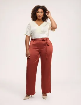 Pantalones de mujer de satén con cinturón bolsillos diagonales - Fiorella Rubino - FashionsVida