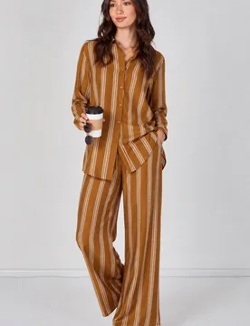 Women's Mustard Stripe Shirt & Trouser Co-Ord Set Size: 8 - Mustard - Size: 8 - LOVE SUNSHINE - FashionsVida
