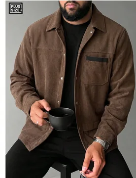 Camisa de pana holgada talla grande para hombre, estilo chaqueta con cuello casual, camisa de manga larga duradera, prenda para todas las estaciones, - Shein - FashionsVida