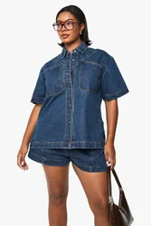 Womens Plus Denim Short Sleeve Longline Shirt - Blue Cotton - Size 26 Uk
