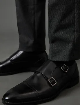 Men's Black Leather Smart Monk Strap Brogue Shoes Size: 9 - Black - Size: 9 - Burton - FashionsVida
