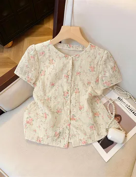 Blusa de mujer de manga corta con cuello redondo, abertura frontal y bordado de organza de unicolor M - Shein - FashionsVida