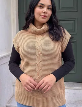 Women's Curve High Neck Tabard Knit Top in Camel Size: 16 - Camel - Size: 16 - Roman - FashionsVida