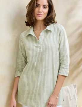 Women's Stripe 3/4 Sleeve Cotton Linen Overshirt in Light Green Size: 10 - Light Green - Size: 10 - Cotton Traders - FashionsVida