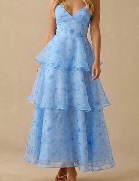 Vestido largo de verano para mujer en azul claro con estampado floral, de organza con capas, espalda descubierta y sin mangas, elegante para vacacione - Shein - FashionsVida