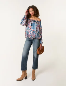 Paisley Printed Bardot Puff Ball Blouse - L / TEAL - female - Blue Vanilla - FashionsVida