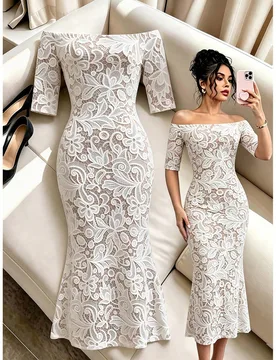 Vestido elegante para ir al trabajo con estampado de encaje y hombros descubiertos XL - Shein - FashionsVida