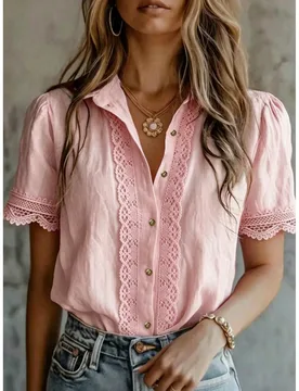 Blusa elegante de mujer con unicolor, bordado y parches de encaje, versátil para el hogar, uso diario y todas las estaciones, rosa de verano M - Shein - FashionsVida