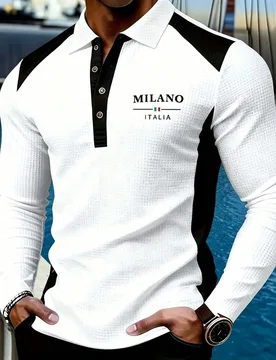 Camisa polo de manga larga de punto de gofre fina para hombre, nueva versión mejorada de otoño y Navidad, con estampado de letras Milano, diseño de - Shein - FashionsVida