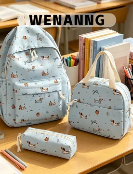Conjunto de mochila de 3 piezas para volver a la escuela - Patrón de perro salchicha de dibujos animados lindo, incluye mochila, bolsa de almuerzo po - Shein - FashionsVida